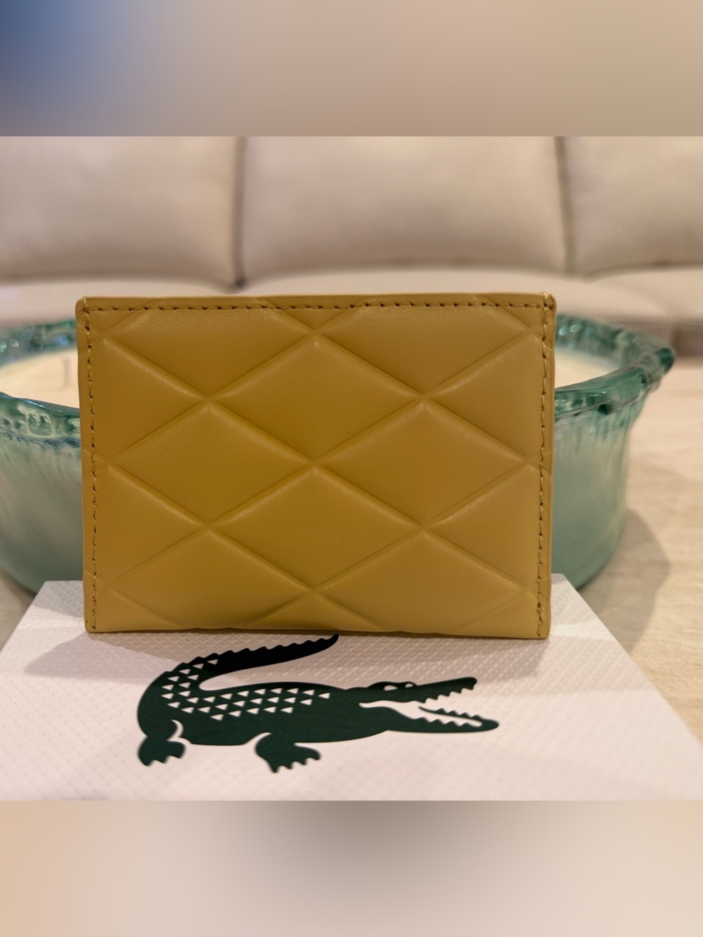 Lacoste Quilted Leather Card Case in Pale Yellow NWT & Box - Picture 3 of 5